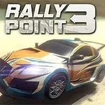 Barevné závodní auto se spoilerem jede po písečné cestě s nápisem Rally Point 3 nahoře