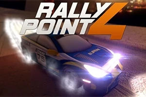 Rally Point 4 Závodní auto se svítícími světlomety ve večerním prostředí s nápisem RALLY POINT 4 nad ním