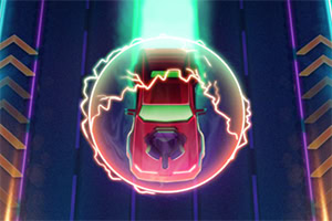 Červené auto obklopené energetickým polem na futuristické trati s neonovými světly