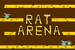 Nápis RAT ARENA s animovanými krysami a sýr v hnědém herním pozadí