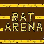 Nápis RAT ARENA s animovanými krysami a sýr v hnědém herním pozadí