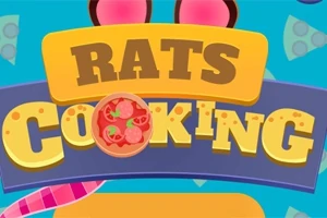 Barevný nápis Rats Cooking s ilustrací pizzy v písmeně O na modrém pozadí s motivy sýrů a ocasu