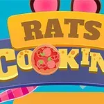 Barevný nápis Rats Cooking s ilustrací pizzy v písmeně O na modrém pozadí s motivy sýrů a ocasu