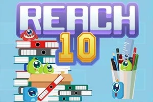 Barevná ilustrace s nápisem REACH 10, která obsahuje stohy knih, složek a pohár s tužkami společně s animovanými postavičkami s jedním okem