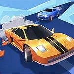 Žluté sportovní auto s černými pruhy driftuje na modré trati, zatímco modré auto ho pronásleduje v pozadí