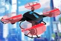 Zde je simulační hra pro řízení dronu s 3D animacemi