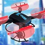 Černý dron s červenými rotory letí nad rozmazaným městským pozadím