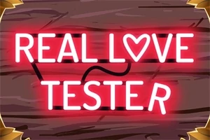 Neonový nápis REAL LOVE TESTER s růžovým srdcem na dřevěném pozadí