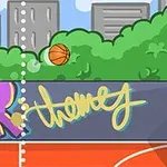 Basketbalový míč v letu směrem k obroučce na venkovním hřišti s barevným graffiti a městskou krajinou v pozadí