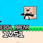 Dva pixelové postavy s černými zbraněmi proti sobě na světlém pozadí s textem Recoil Arena 1v51