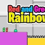Barevná postavička stojí na fialové plošině vedle zelené postavičky, s klíčem na modré plošině a hroty mezi nimi, nad tím je pestrý nápis Red and Green Rainbow