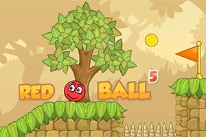 Červený míček se usmívá pod stromem vedle nápisu RED BALL 5 s mincí a vlajkou v pozadí