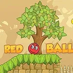 Červený míček se usmívá pod stromem vedle nápisu RED BALL 5 s mincí a vlajkou v pozadí
