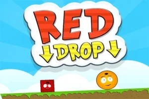Název Red Drop v barevném designu s červenou krychlí a oranžovou koulí na travnatém podkladu