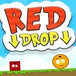 Název Red Drop v barevném designu s červenou krychlí a oranžovou koulí na travnatém podkladu
