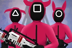 Tři postavy v růžových kostýmech s černými maskami, každá má na čele bílý symbol (trojúhelník, čtverec, kruh) a drží bílou zbraň s červenými detaily