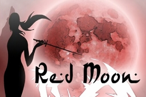 Silueta postavy s mečem před červeným měsícem na pozadí se stylizovaným písmem Red Moon