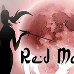 Silueta postavy s mečem před červeným měsícem na pozadí se stylizovaným písmem Red Moon