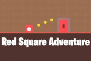 Červený čtverec s okem skáče k zamčeným dveřím na hnědém pozadí, doprovázený textem Red Square Adventure