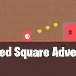 Červený čtverec s okem skáče k zamčeným dveřím na hnědém pozadí, doprovázený textem Red Square Adventure
