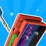 Modrá šroubovák a rozbitý smartphone s viditelnými prasklinami na displeji na modrém pozadí s hvězdami