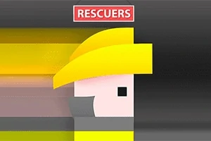 Postava s minimalistickým geometrickým designem v žluté helmě na tmavém pozadí s nápisem „Rescuers“ nahoře