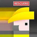 Postava s minimalistickým geometrickým designem v žluté helmě na tmavém pozadí s nápisem „Rescuers“ nahoře
