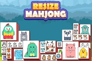 Barevné kreslené dlaždice s obrázky zvířat, jako jsou slepice, krokodýl, kráva a prase, s nápisem Resize Mahjong nahoře