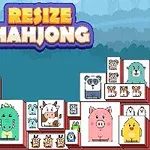 Barevné kreslené dlaždice s obrázky zvířat, jako jsou slepice, krokodýl, kráva a prase, s nápisem Resize Mahjong nahoře
