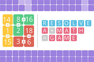 Barevná matematická tabulka s čísly a rovnicemi vlevo a nápisem „RE5OLVE A MATH GAME“ v barevných blocích vpravo