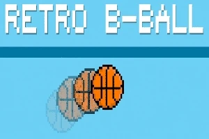 Modrý retro styl s pixelovým basketbalovým míčem v pohybu a bílým textem „RETRO B-BALL“
