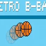 Modrý retro styl s pixelovým basketbalovým míčem v pohybu a bílým textem „RETRO B-BALL“