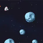 Vesmírná scéna s pixelovými asteroidy, bílou kosmickou lodí a oranžovým objektem na tmavém hvězdném pozadí