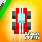 Červené retro auto s dvěma bílými pruhy na žlutém pozadí s nápisy Retro Speed