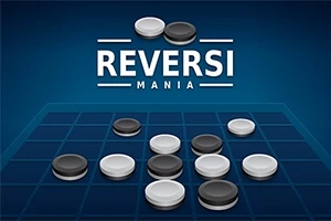 Modrá hrací deska s černými a bílými kameny s nápisem REVERSI MANIA nahoře