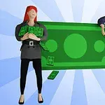Dvě kreslené postavy s balíky peněz stojí před velkou zelenou bankovkou na modrém pozadí