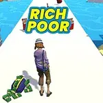 Postava, která jde po bílé cestě vedle hromady peněz, s úvodním nápisem RICH POOR nahoře