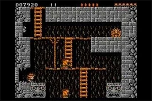 Rick Dangerous Retro herní úroveň s plošinkami, žebříky, kamennými zdmi a nepřáteli ve tvaru ohnivých koulí