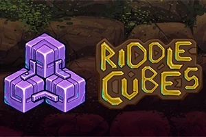 Fialový geometrický symbol vedle nápisu „Riddle Cubes“ na pozadí připomínajícím kamennou stěnu