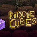 Fialový geometrický symbol vedle nápisu „Riddle Cubes“ na pozadí připomínajícím kamennou stěnu