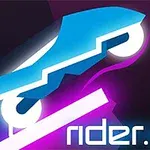Modré futuristické vozidlo na svítící dráze s nápisem rider