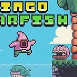 Pixelová grafika s růžovou hvězdicí skákající mezi zeleným krokodýlem a postavou s růžovým krunýřem pod nápisem „Ringo Starfish“