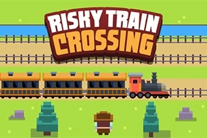 Barevná pixelová grafika s nápisem Risky Train Crossing nad projíždějícím vlakem a postavičkou na louce s několika stromy
