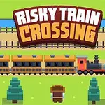Barevná pixelová grafika s nápisem Risky Train Crossing nad projíždějícím vlakem a postavičkou na louce s několika stromy