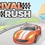 Červené a modré závodní auto na klikaté silnici, s nápisem Rival Rush nahoře
