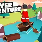 Ilustrace zobrazující postavu v červeném oblečení veslující na řece v dřevěném člunu obklopeném stromy a horami, s nápisem River Adventure v horní části