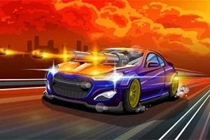 Modré sportovní auto s kulomety na kapotě projíždí po silnici při západu slunce se zahaleným městem v pozadí