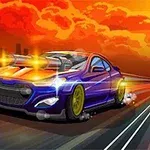 Modré sportovní auto s kulomety na kapotě projíždí po silnici při západu slunce se zahaleným městem v pozadí