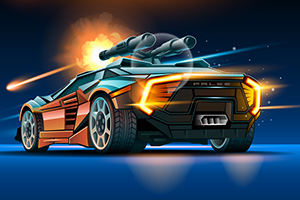 Futuristické auto s velkými koly a raketomety, se zábleskem výbuchu v pozadí