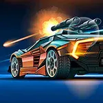 Futuristické auto s velkými koly a raketomety, se zábleskem výbuchu v pozadí
